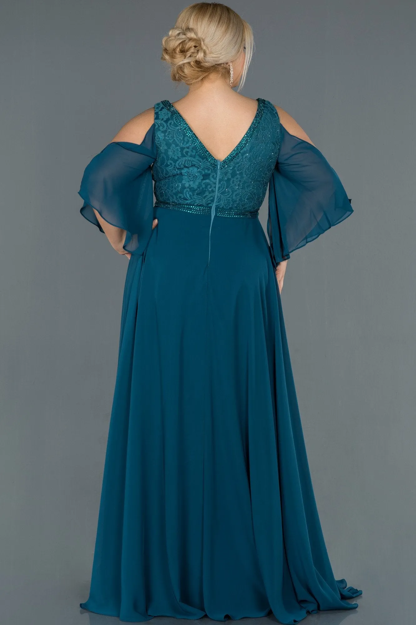 16564 Oil Green Cold Shoulder Lace Chiffon Dress
