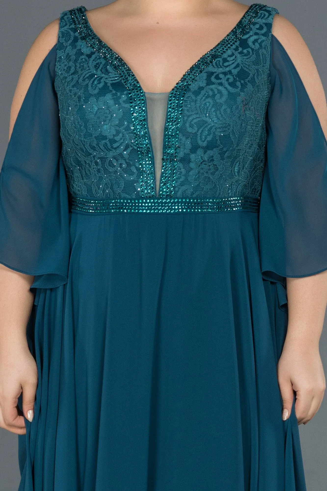 16564 Oil Green Cold Shoulder Lace Chiffon Dress