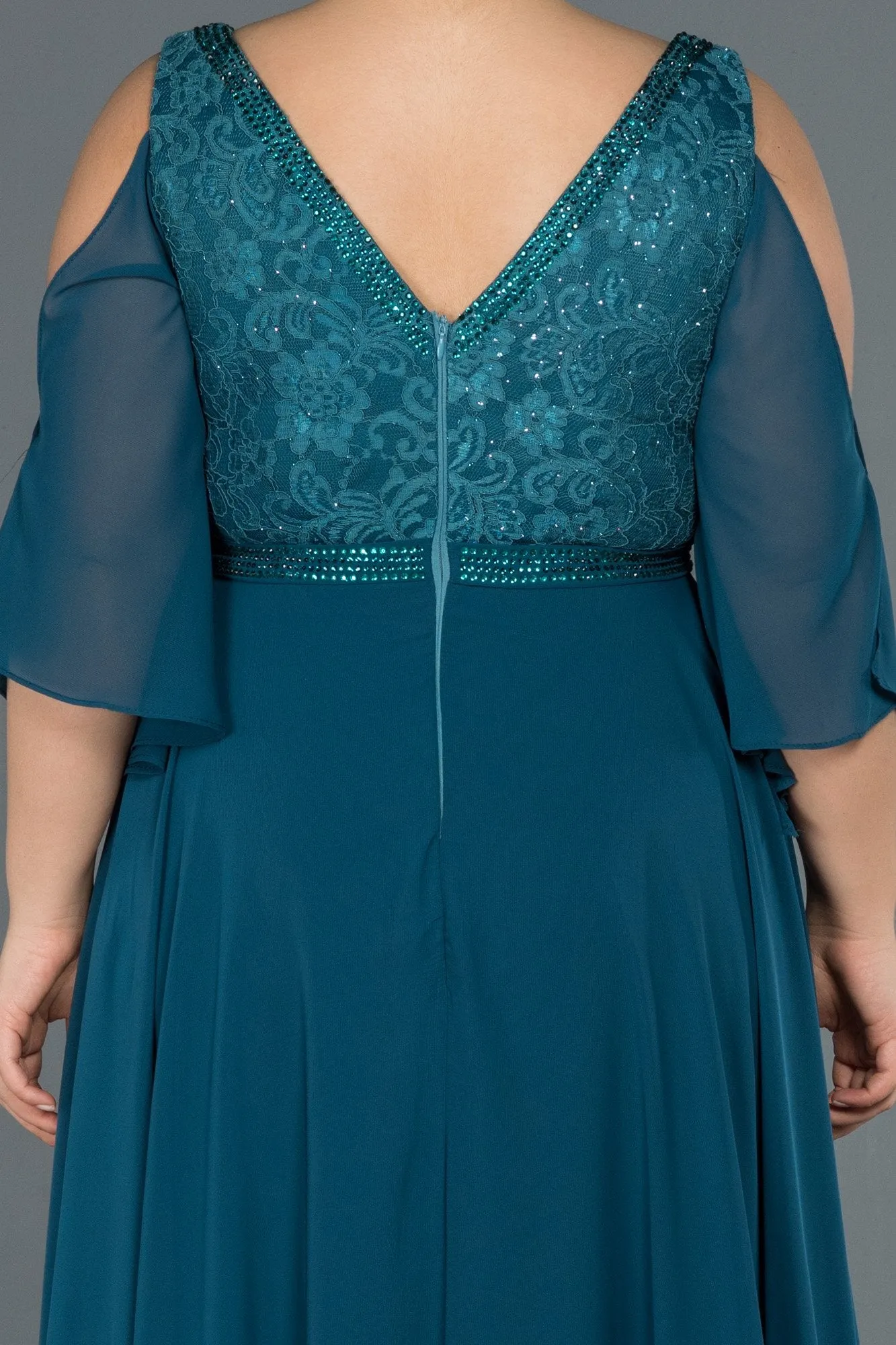 16564 Oil Green Cold Shoulder Lace Chiffon Dress