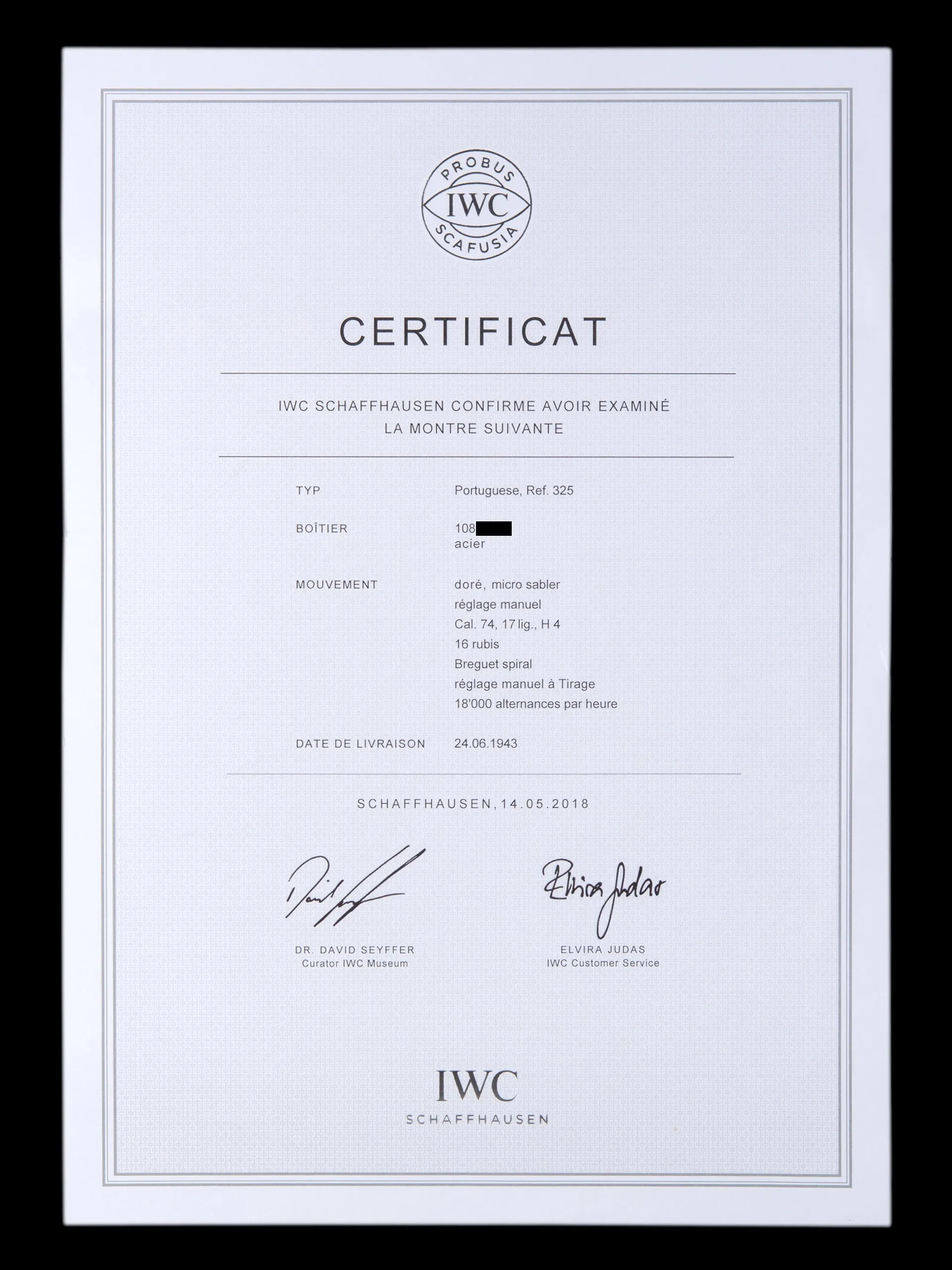 1943 IWC Portuguese (Ref. 325) Cal. 74 "Starry Night" Dial W/ IWC Certificate of Authenticity