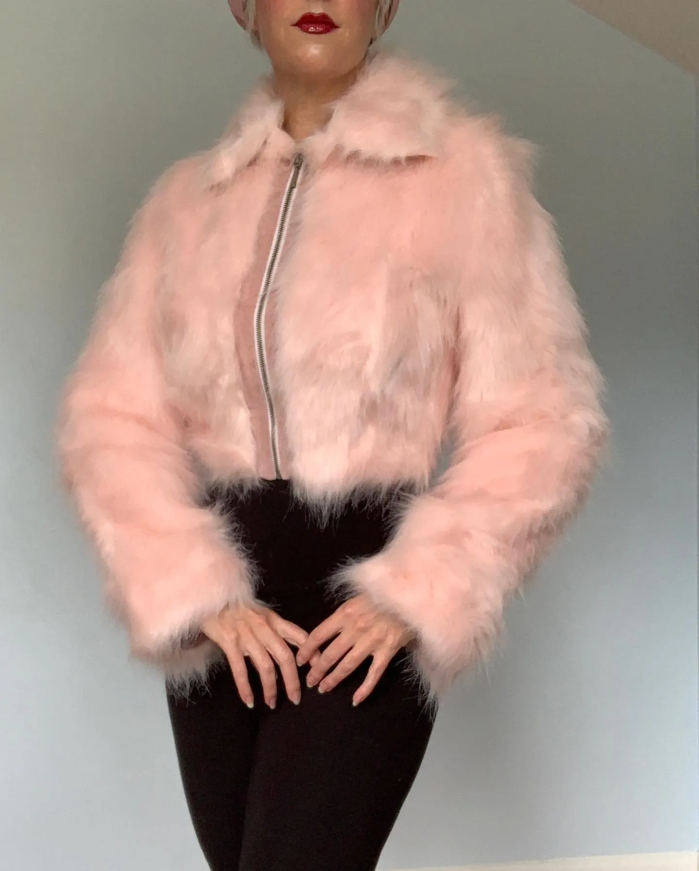 1990s Plush Cotton Candy Pink Faux Fur Cropped Jacket w/ Suede Detailing
