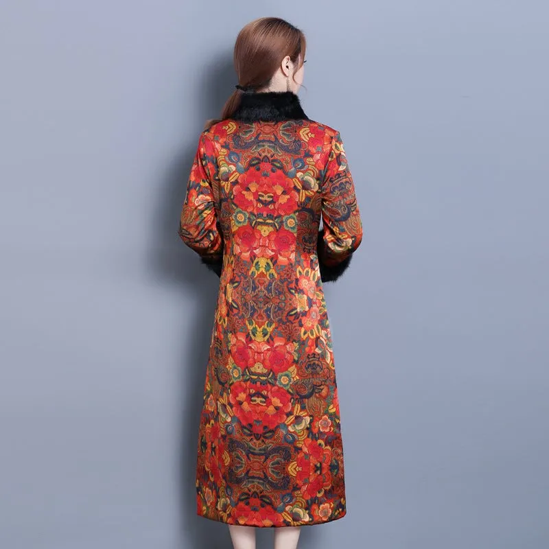 3/4 Sleeve Floral Watered Gauze Wadded Chinese Coat