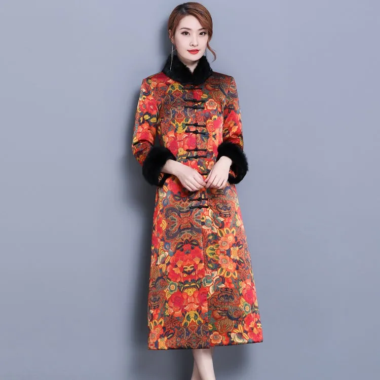 3/4 Sleeve Floral Watered Gauze Wadded Chinese Coat