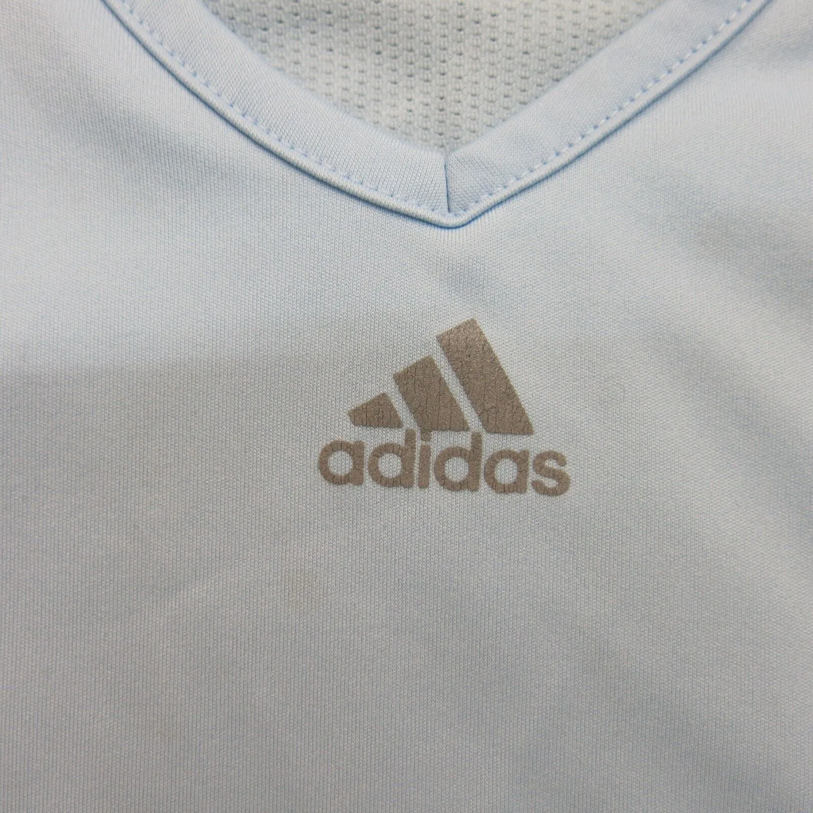 Adidas Womens V Neck T Shirt Top Workout Short Sleeve Logo Light Blue Size Small