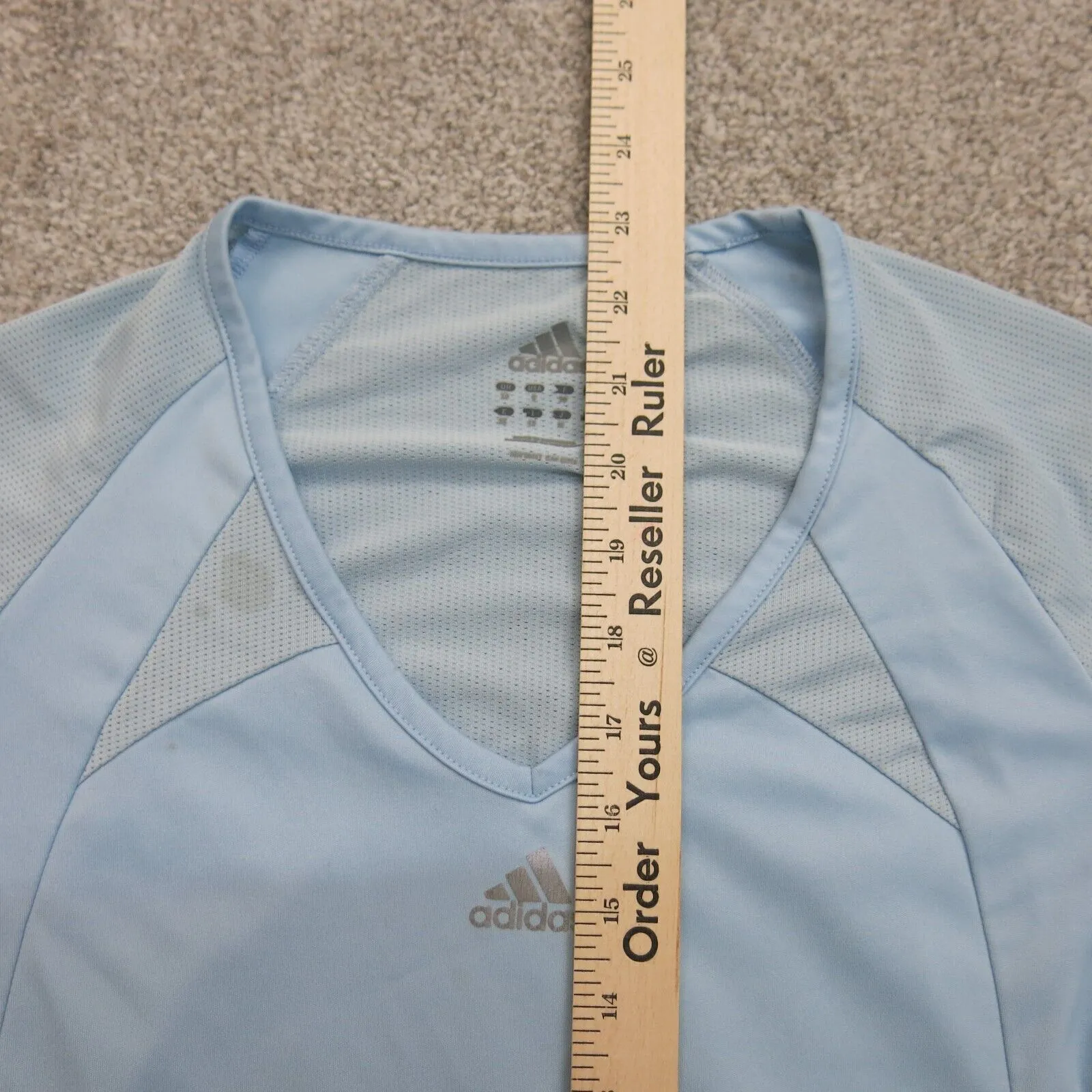 Adidas Womens V Neck T Shirt Top Workout Short Sleeve Logo Light Blue Size Small