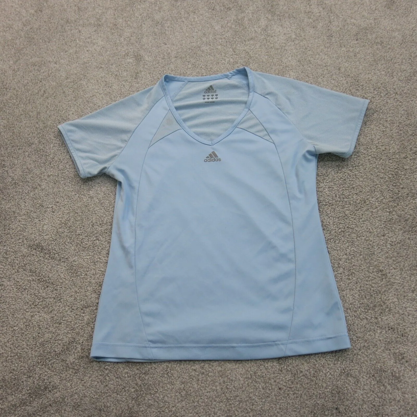 Adidas Womens V Neck T Shirt Top Workout Short Sleeve Logo Light Blue Size Small