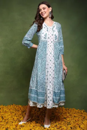Ahika White and Blue Cotton Ethnic Motifs Printed Maxi Ethnic Dress With Longline Shrug