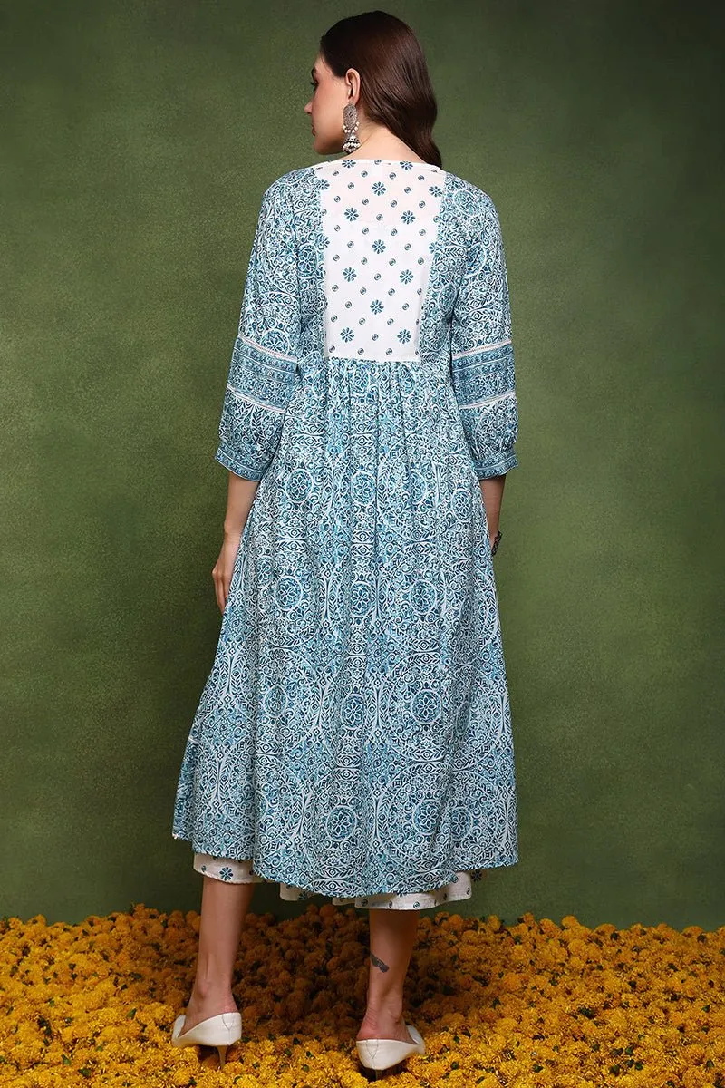 Ahika White and Blue Cotton Ethnic Motifs Printed Maxi Ethnic Dress With Longline Shrug