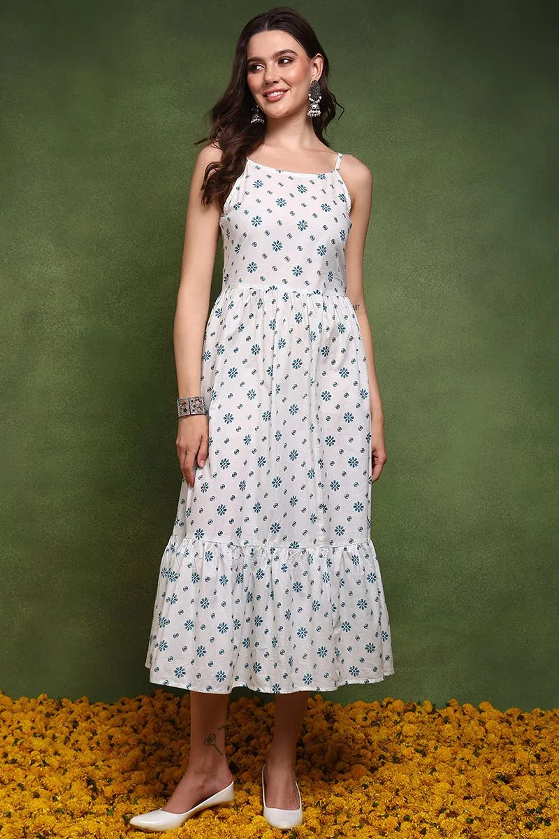 Ahika White and Blue Cotton Ethnic Motifs Printed Maxi Ethnic Dress With Longline Shrug