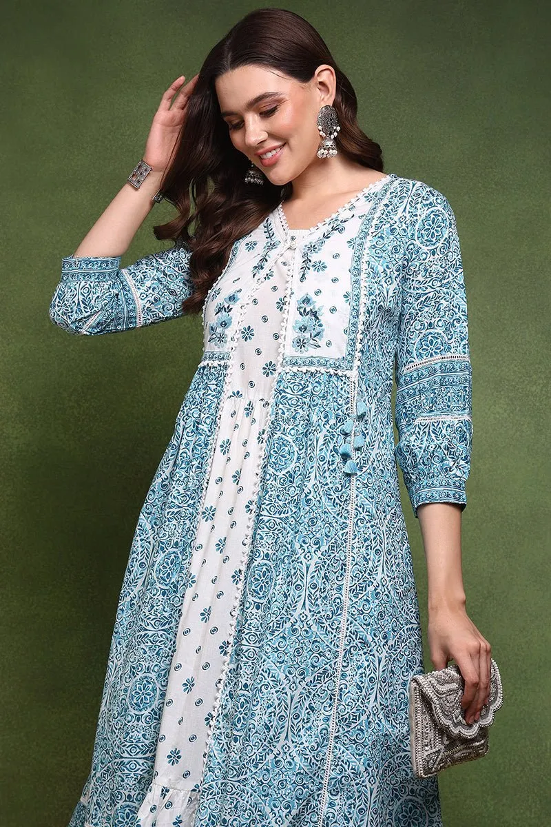 Ahika White and Blue Cotton Ethnic Motifs Printed Maxi Ethnic Dress With Longline Shrug