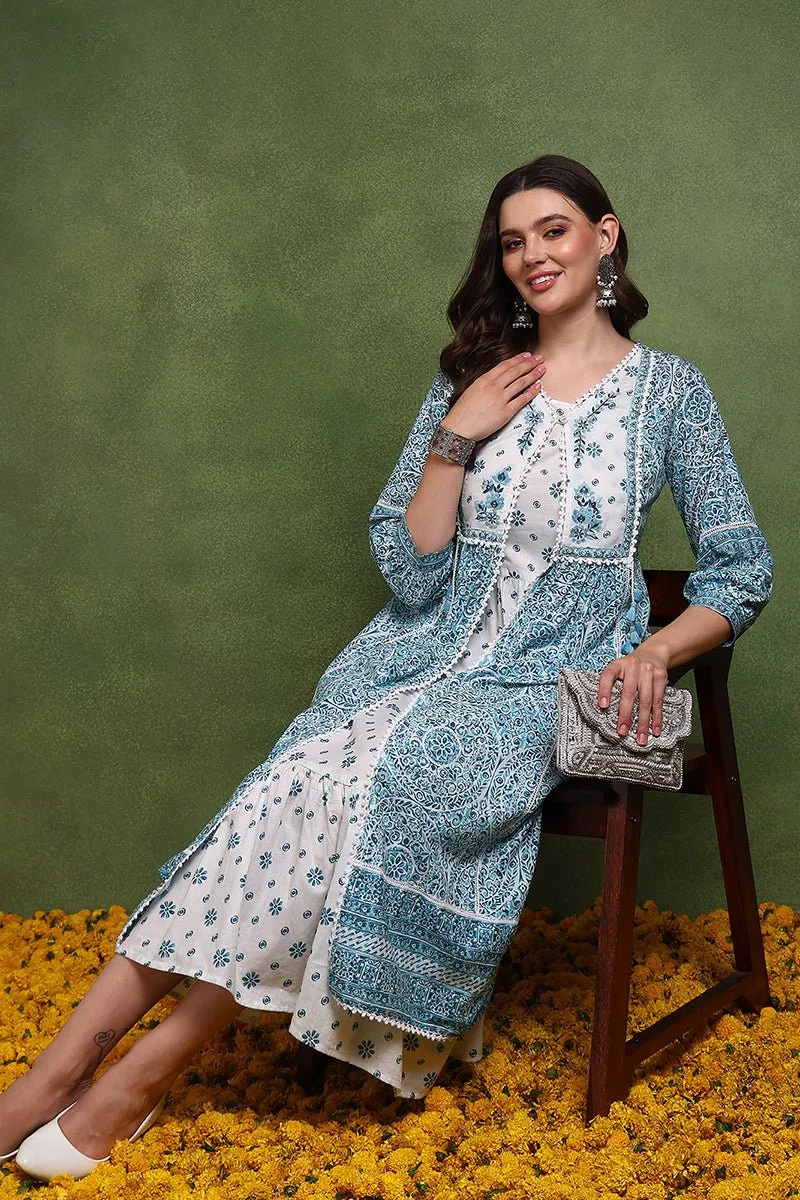Ahika White and Blue Cotton Ethnic Motifs Printed Maxi Ethnic Dress With Longline Shrug