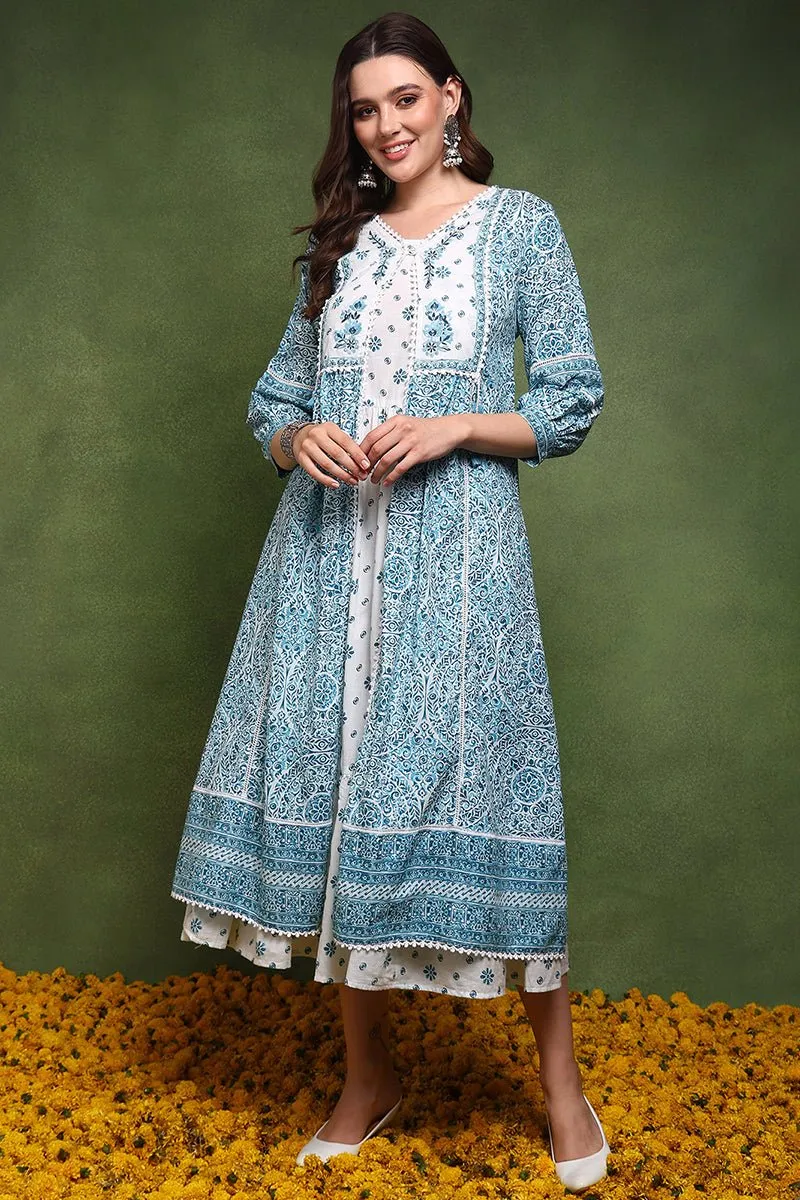 Ahika White and Blue Cotton Ethnic Motifs Printed Maxi Ethnic Dress With Longline Shrug