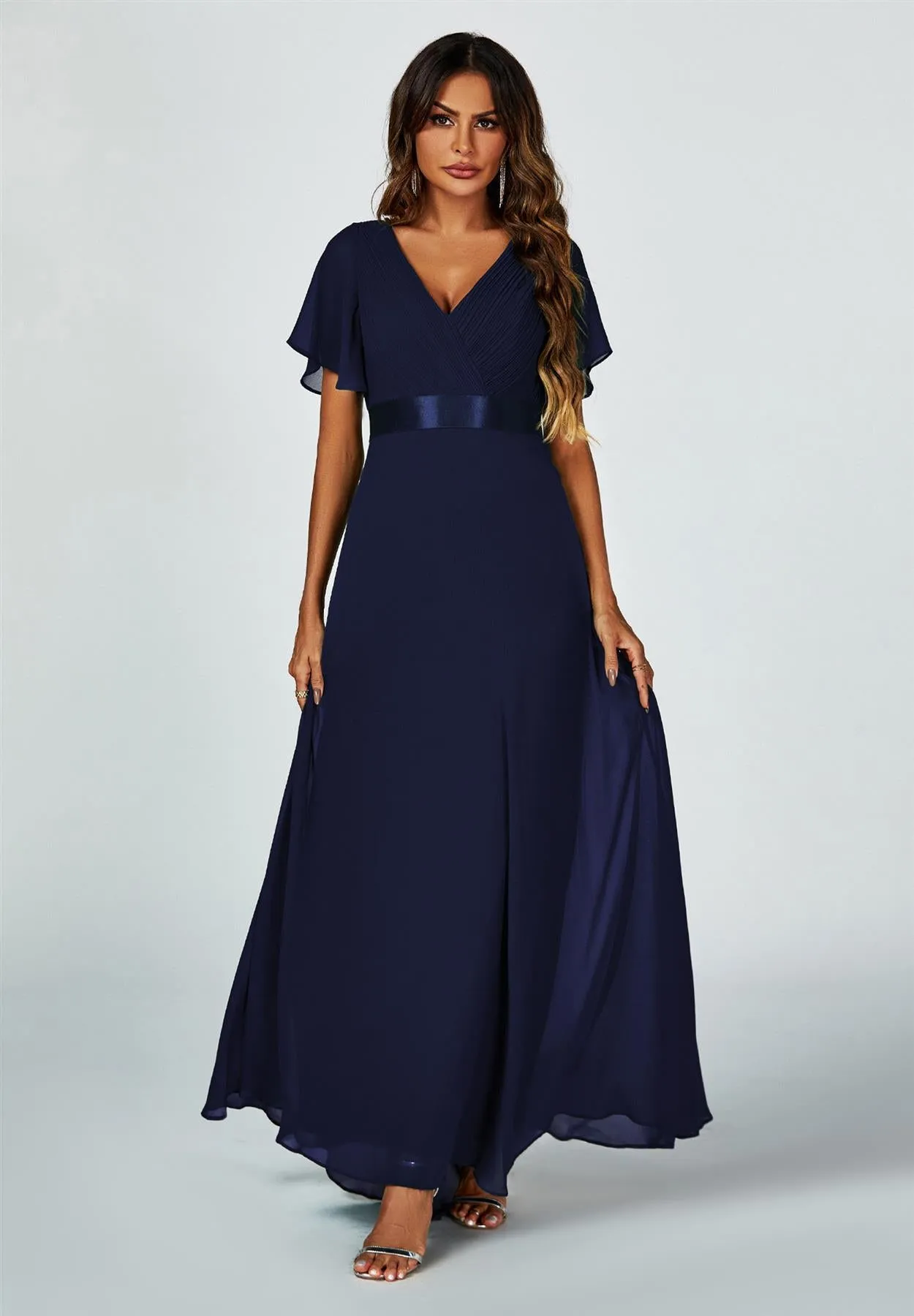 Angel Sleeves Empire Waist Bridesmaid Dress In Navy