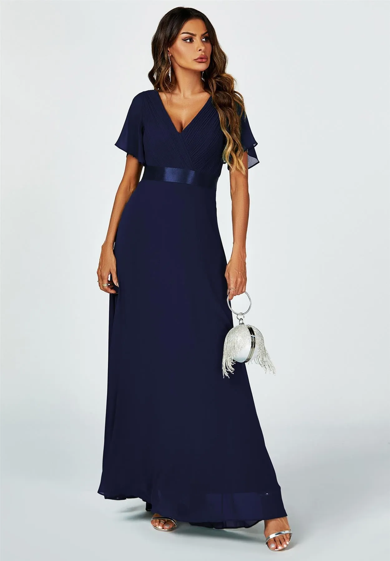 Angel Sleeves Empire Waist Bridesmaid Dress In Navy
