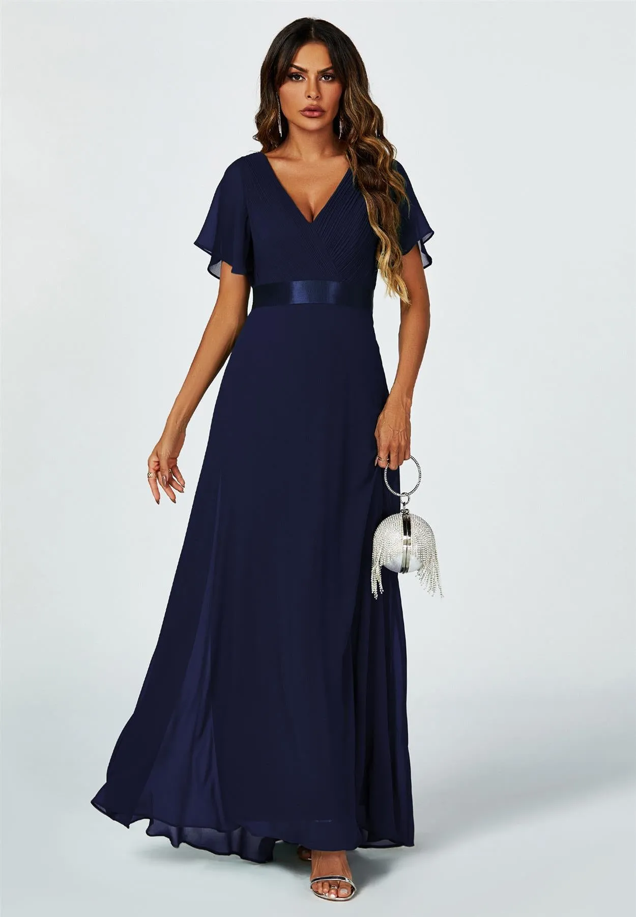 Angel Sleeves Empire Waist Bridesmaid Dress In Navy
