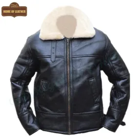 B020 Men's RAF Flying Aviator Real Shearling Fur Bomber Black Winter Leather Jacket
