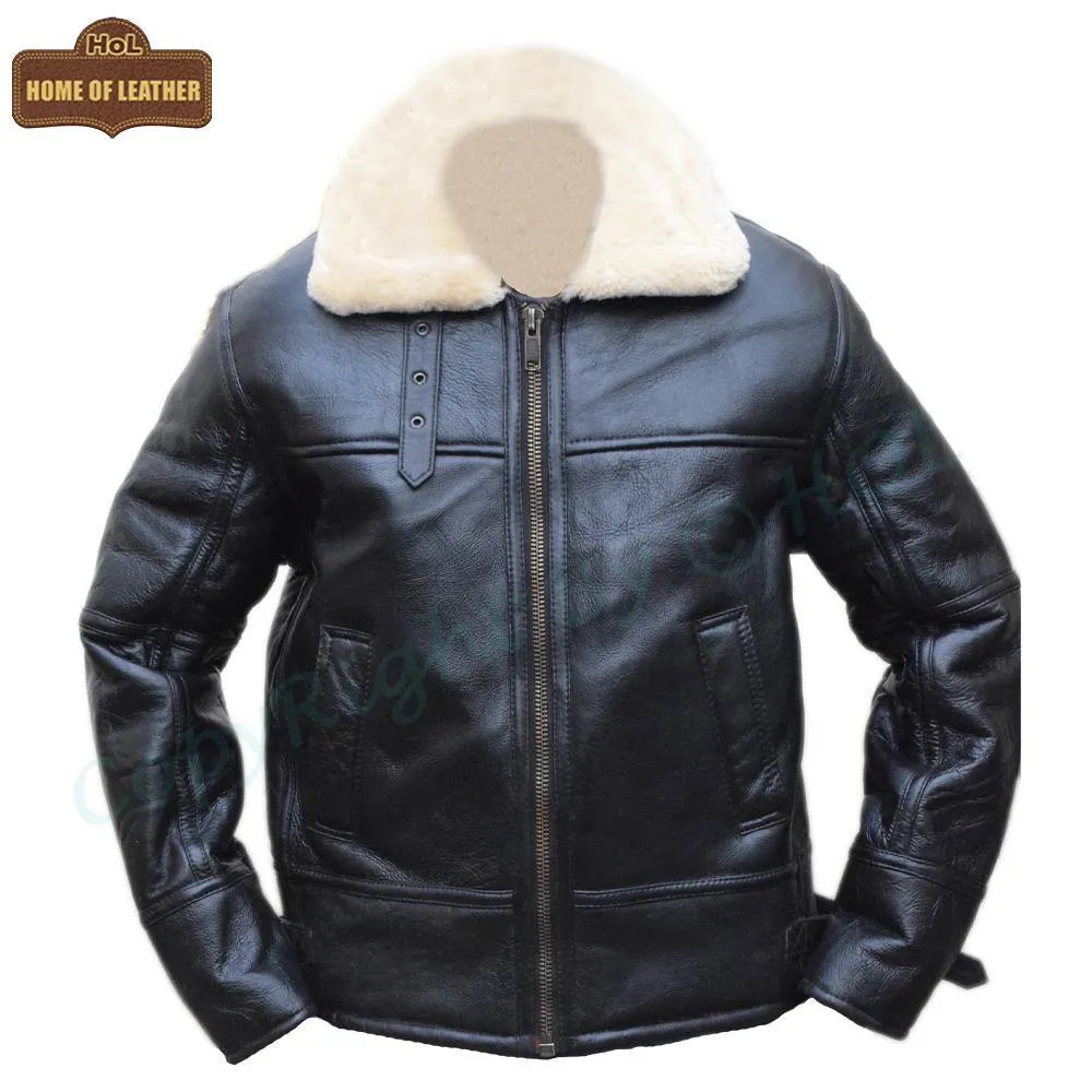 B020 Men's RAF Flying Aviator Real Shearling Fur Bomber Black Winter Leather Jacket