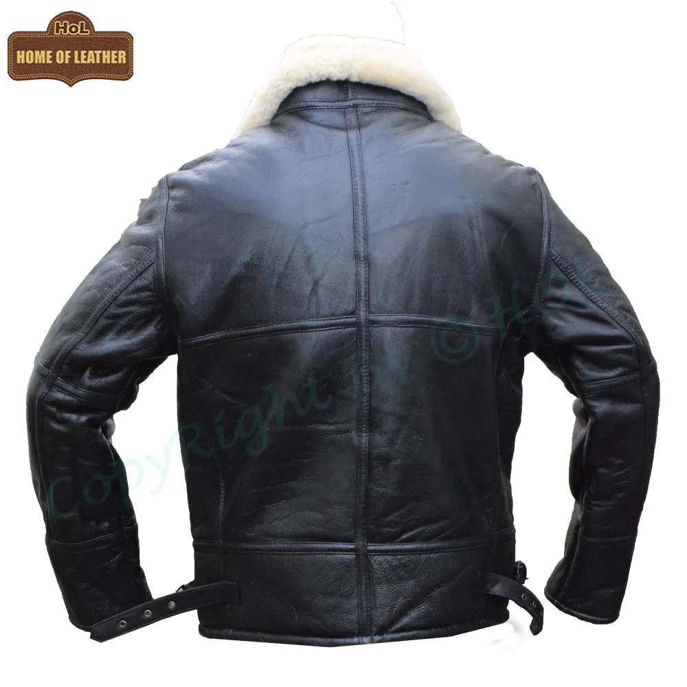 B020 Men's RAF Flying Aviator Real Shearling Fur Bomber Black Winter Leather Jacket
