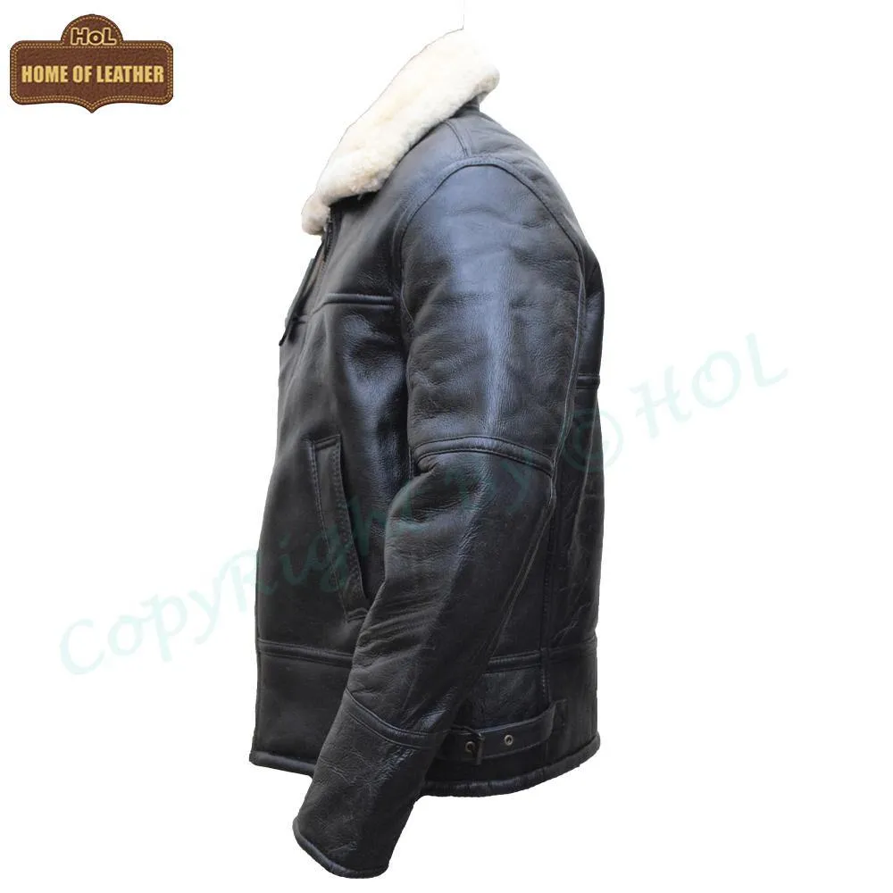 B020 Men's RAF Flying Aviator Real Shearling Fur Bomber Black Winter Leather Jacket