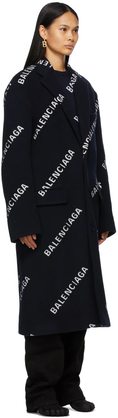 Balenciaga Navy Logo Boxy Coat