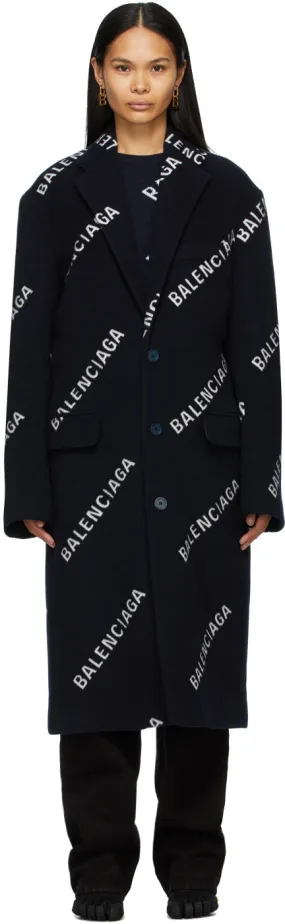Balenciaga Navy Logo Boxy Coat