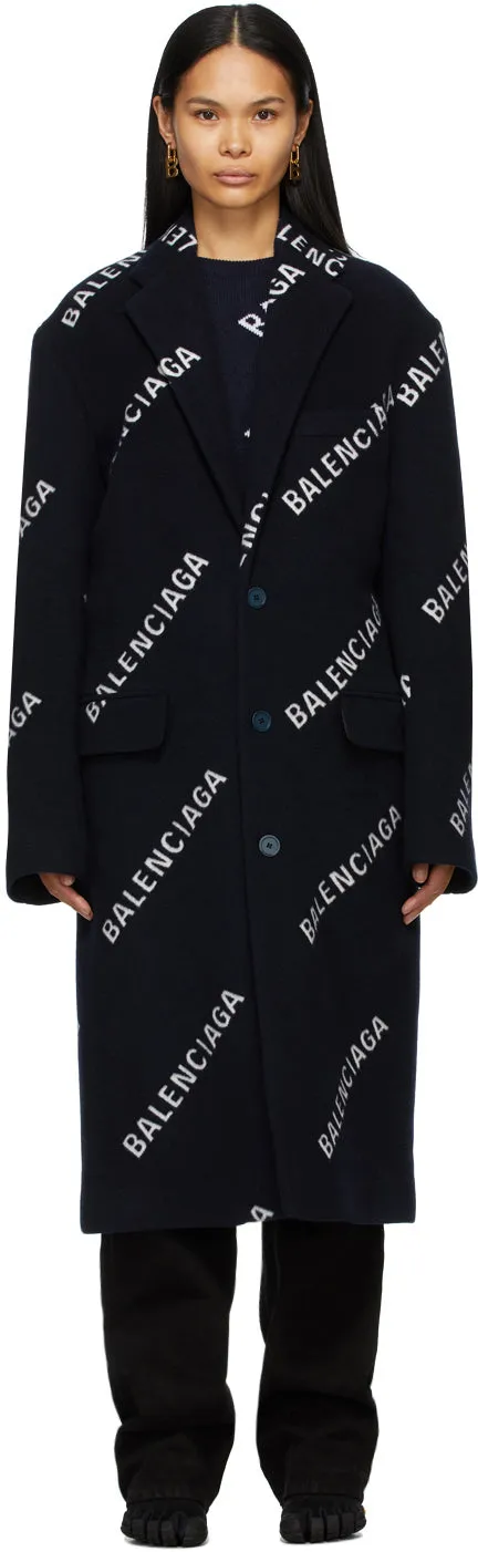 Balenciaga Navy Logo Boxy Coat