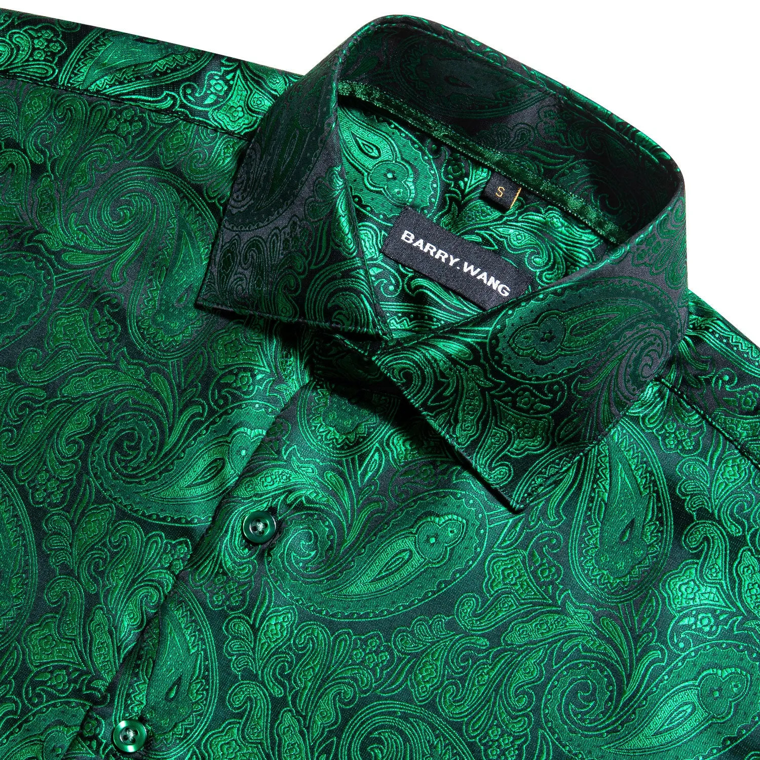 Barry Wang Green Shirt Silk Paisley Short Sleeve Daily Slim Fit Men's Shirt