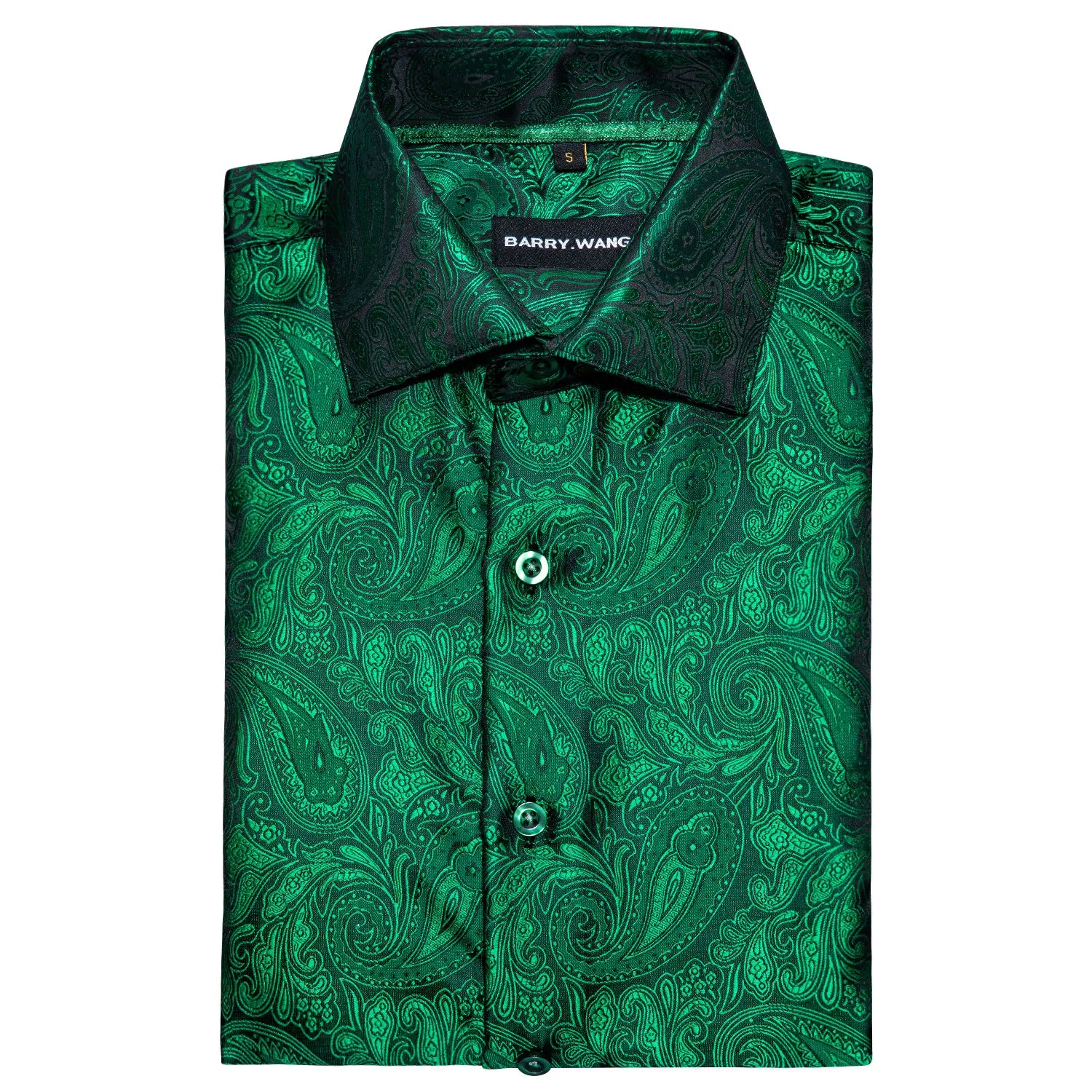 Barry Wang Green Shirt Silk Paisley Short Sleeve Daily Slim Fit Men's Shirt