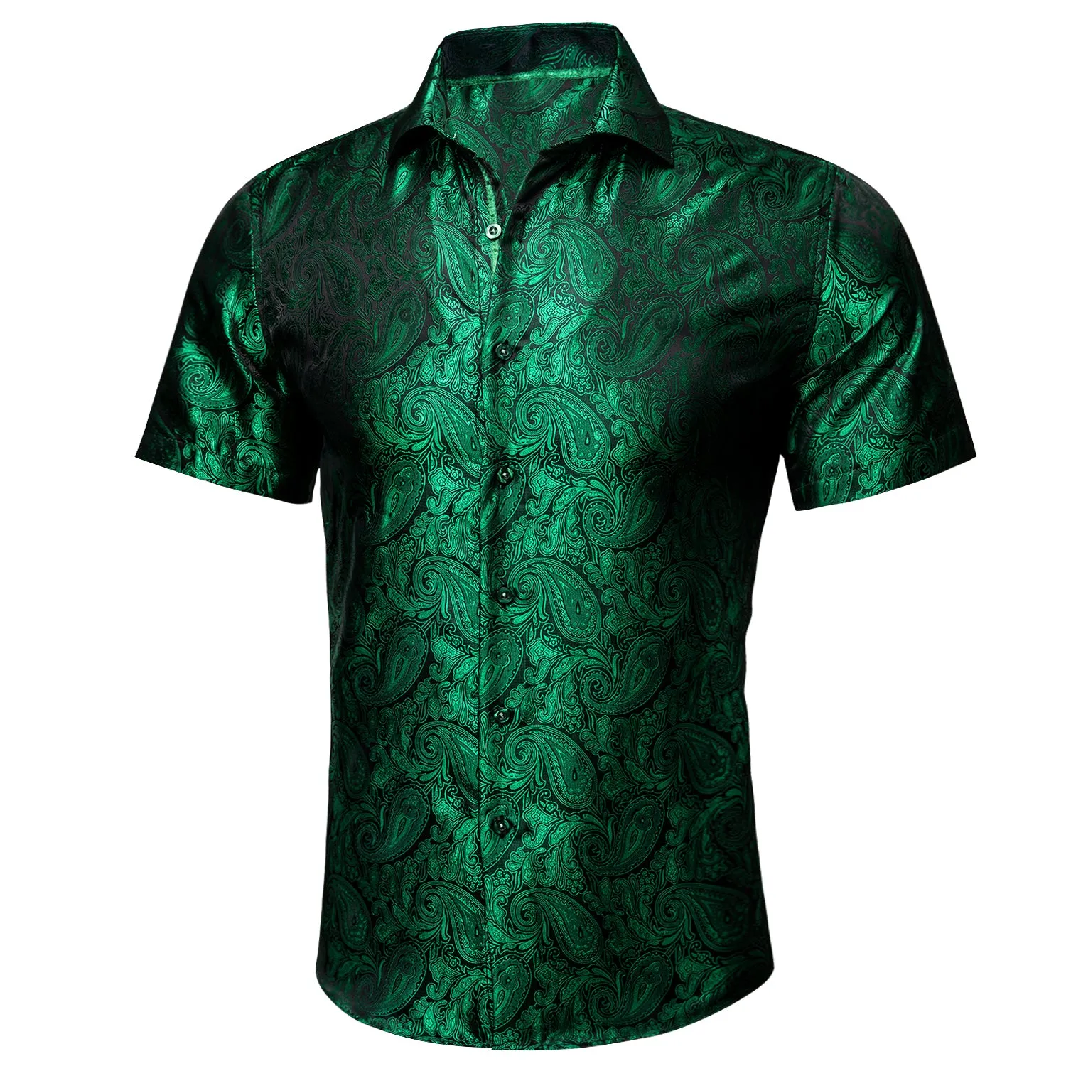 Barry Wang Green Shirt Silk Paisley Short Sleeve Daily Slim Fit Men's Shirt
