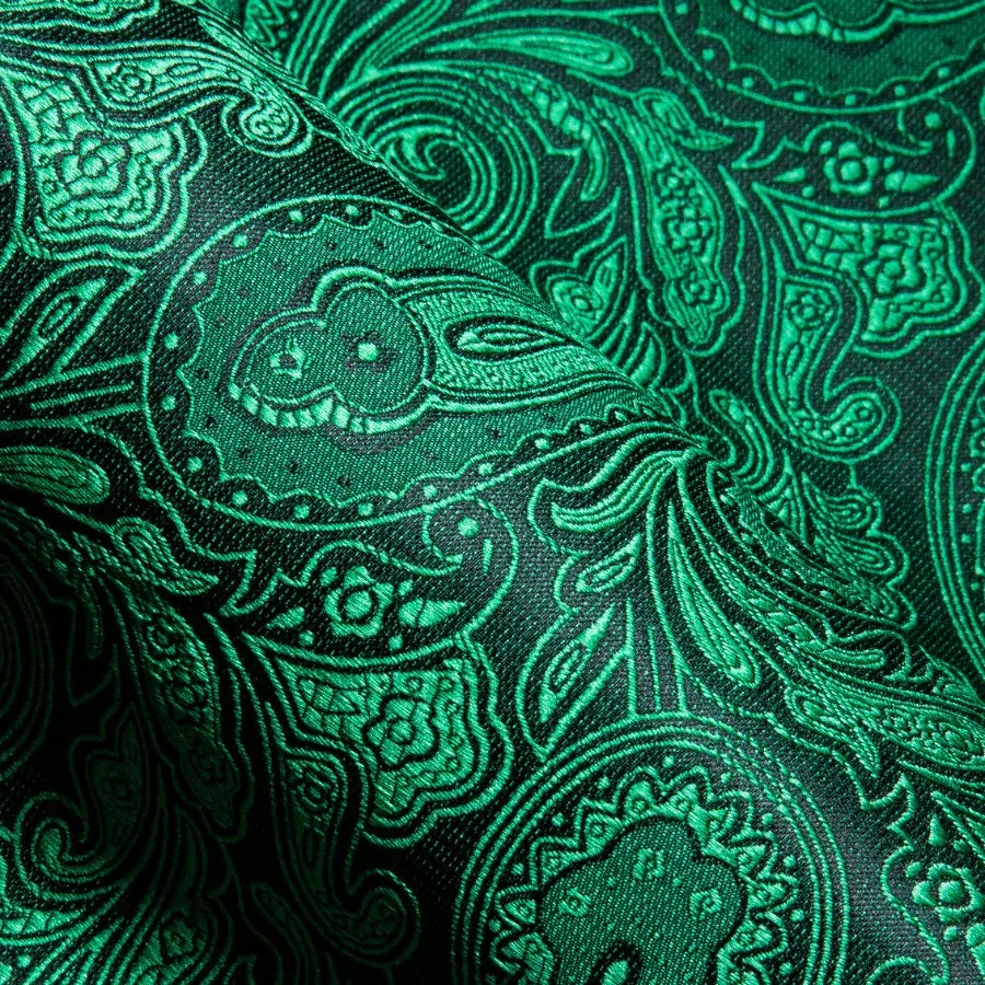 Barry Wang Green Shirt Silk Paisley Short Sleeve Daily Slim Fit Men's Shirt