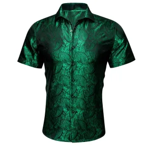 Barry Wang Green Shirt Silk Paisley Short Sleeve Daily Slim Fit Men's Shirt