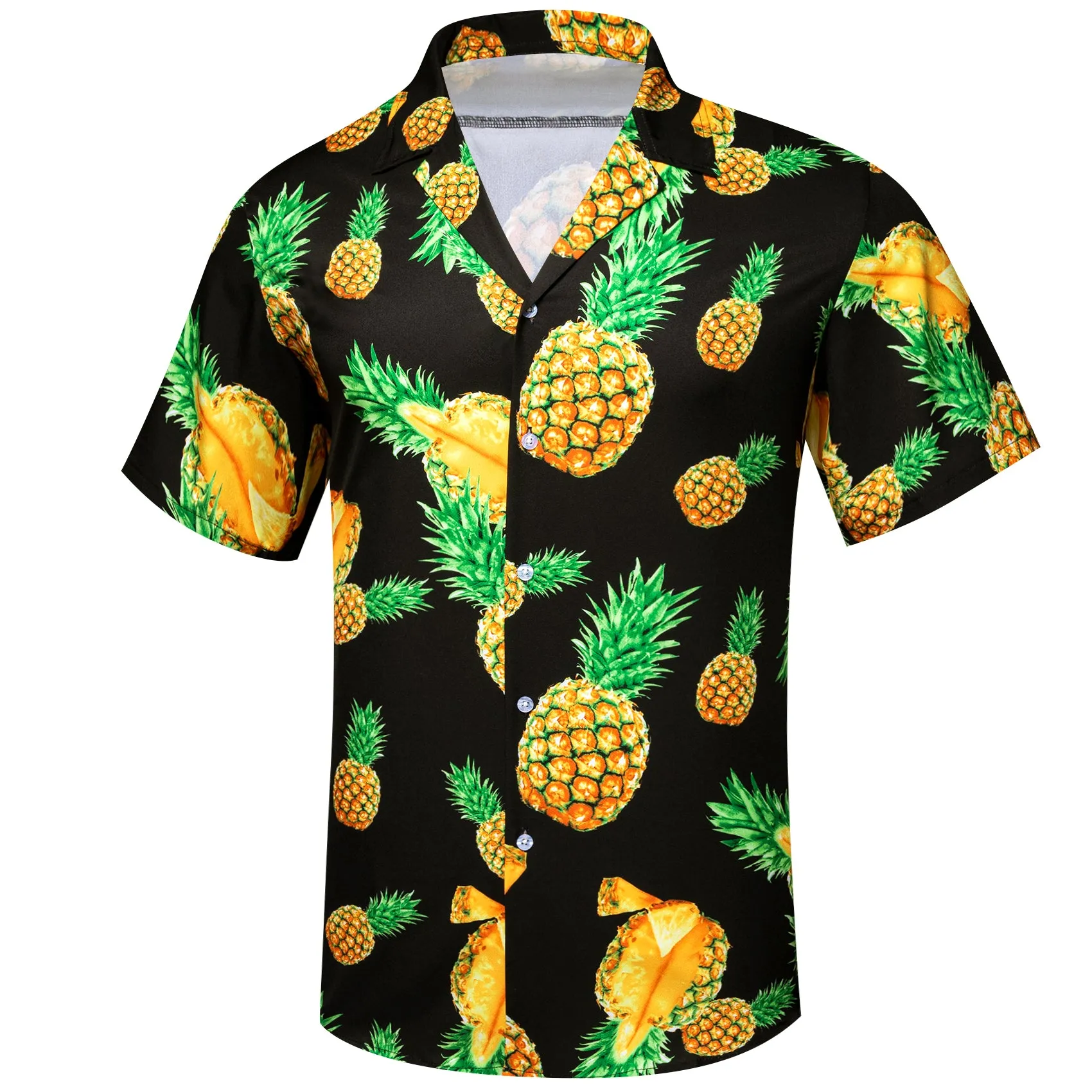 Barry Wang Men's Black Pineapple Floral Pattern Short Sleeves Summer Hawaii Shirt