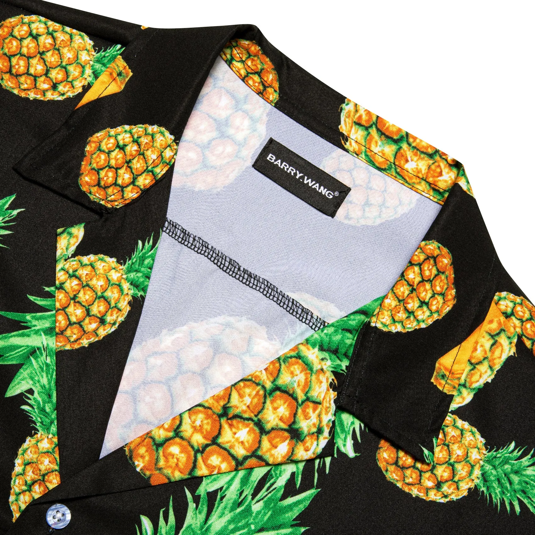 Barry Wang Men's Black Pineapple Floral Pattern Short Sleeves Summer Hawaii Shirt