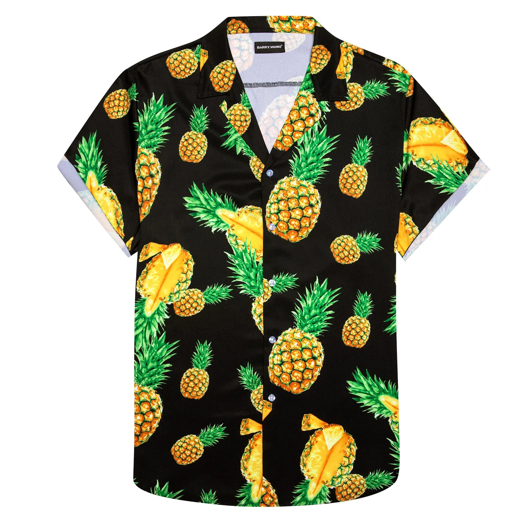Barry Wang Men's Black Pineapple Floral Pattern Short Sleeves Summer Hawaii Shirt