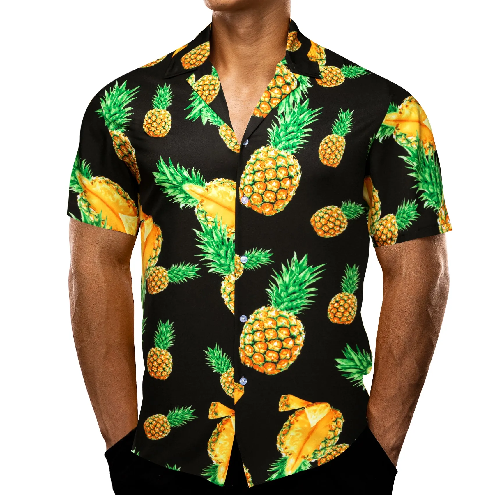 Barry Wang Men's Black Pineapple Floral Pattern Short Sleeves Summer Hawaii Shirt