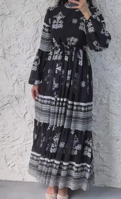 Black And White Patchwork Printed Chiffon Maxi Dress