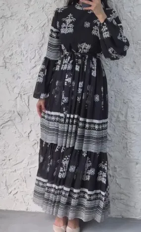 Black And White Patchwork Printed Chiffon Maxi Dress
