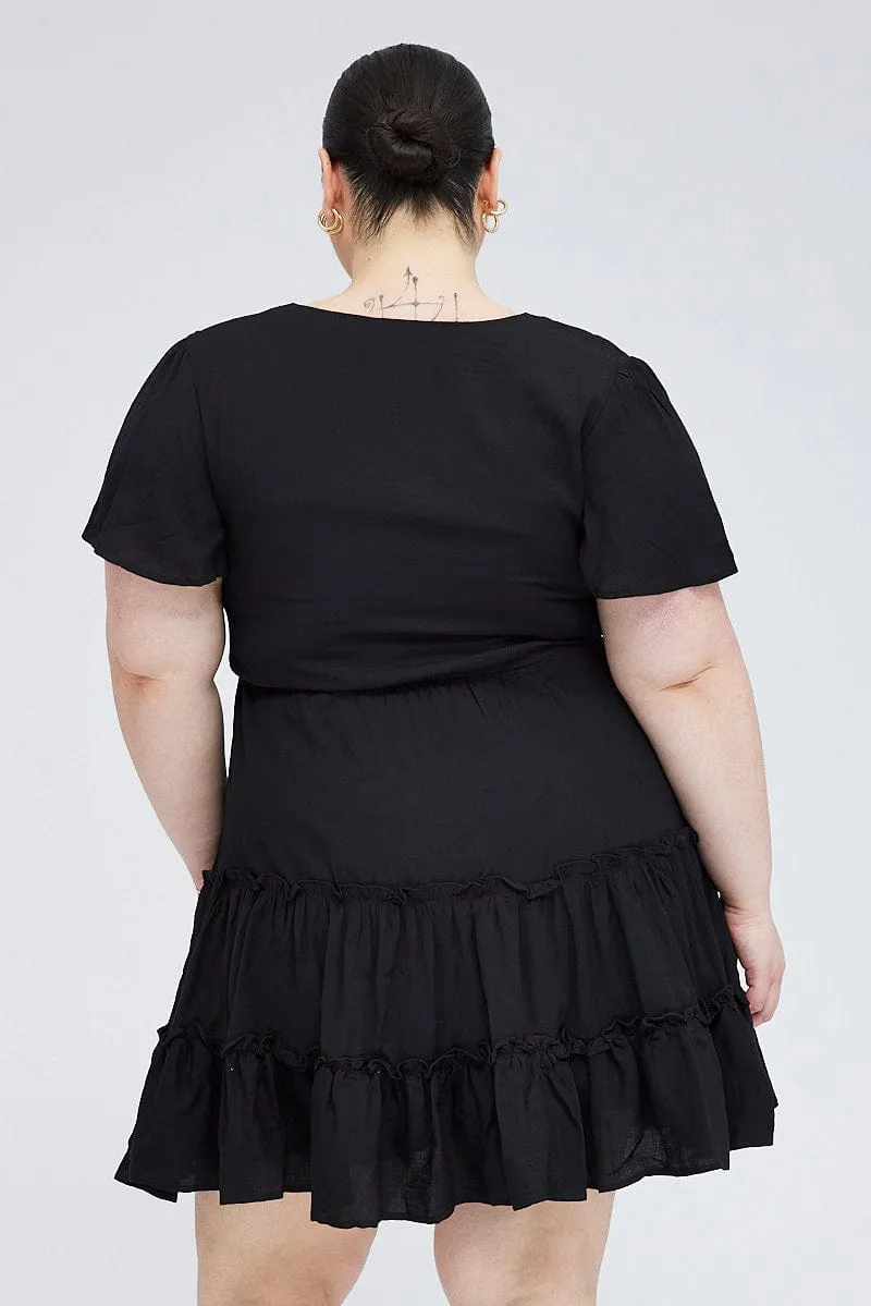 Black Fit And Flare Dress Short Sleeve V-neck