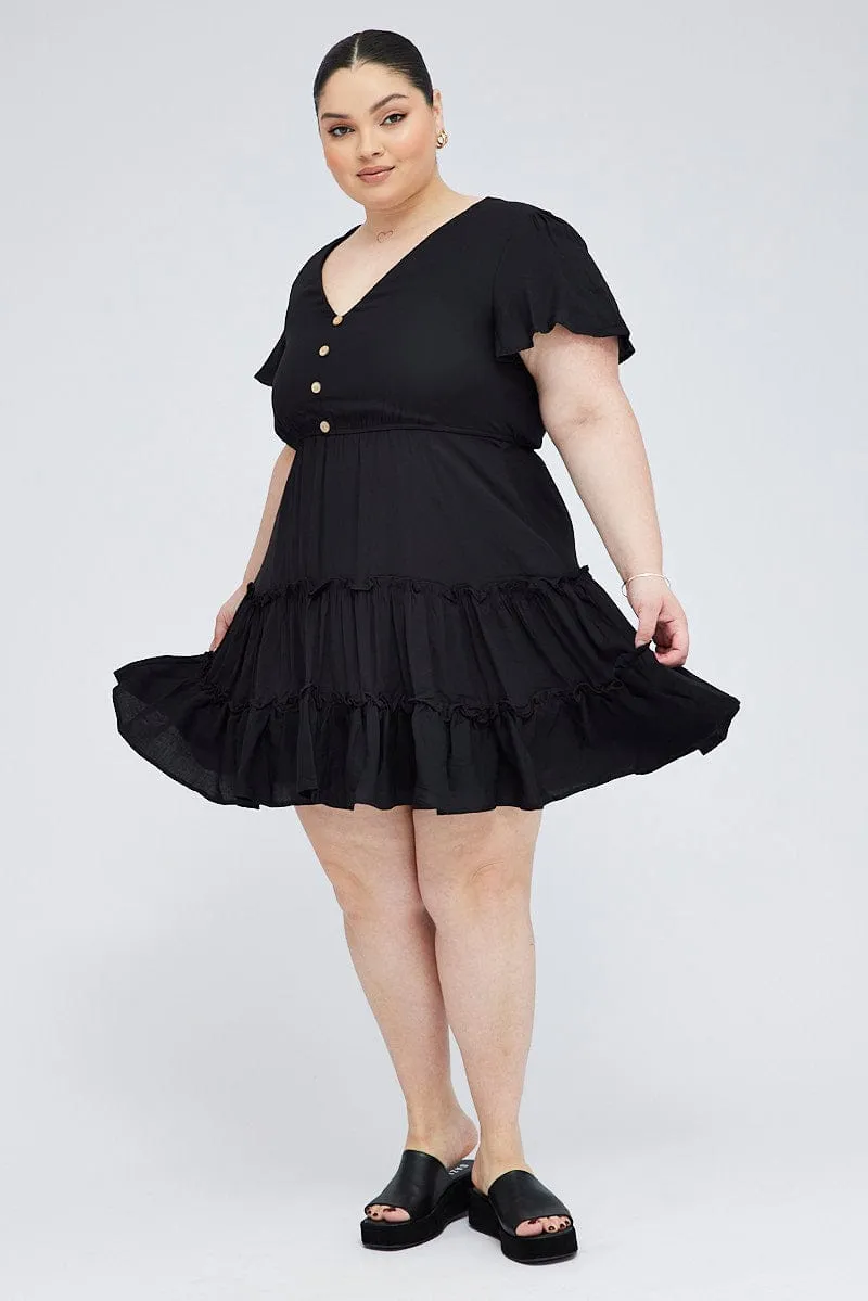 Black Fit And Flare Dress Short Sleeve V-neck