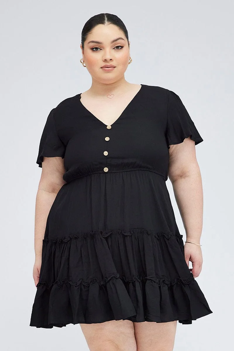Black Fit And Flare Dress Short Sleeve V-neck