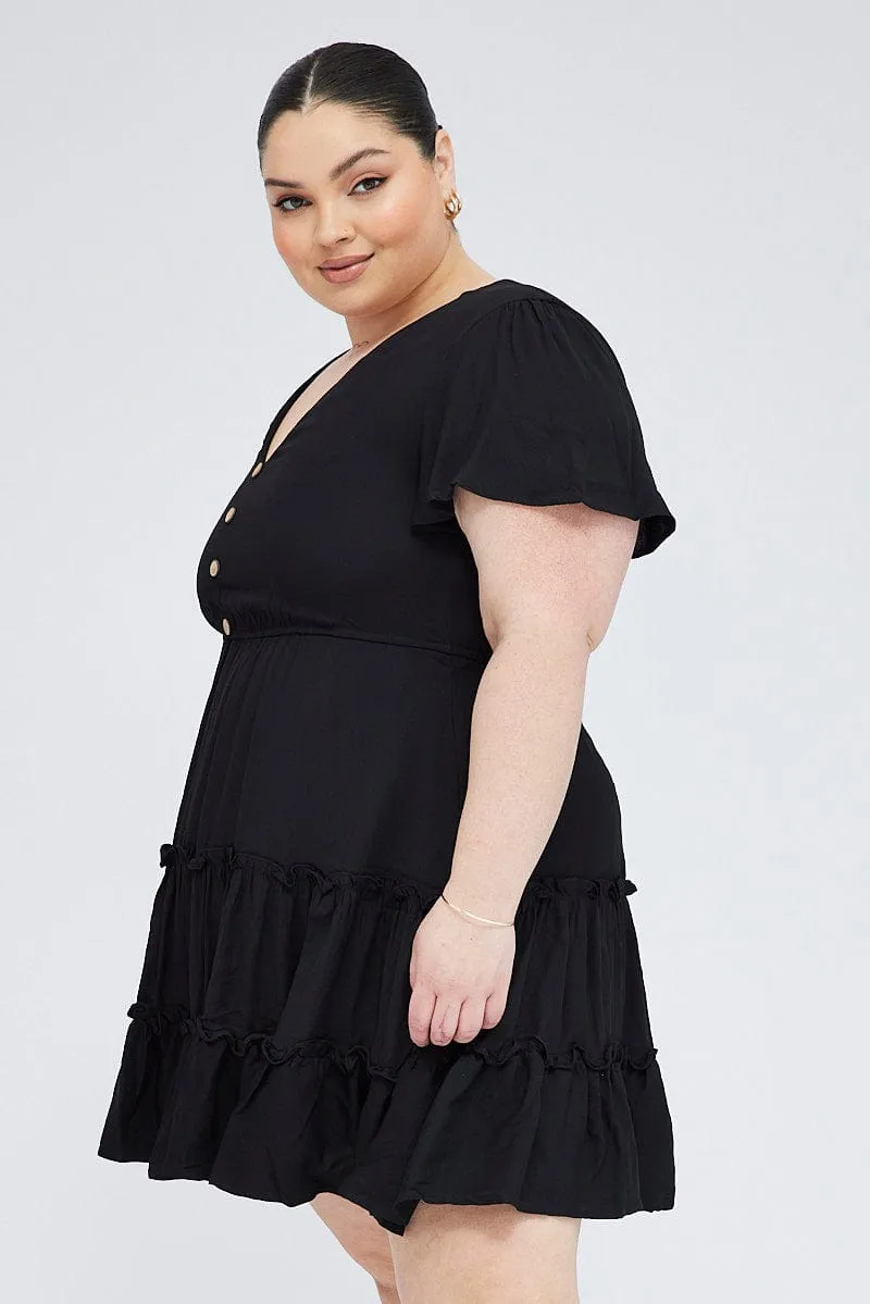 Black Fit And Flare Dress Short Sleeve V-neck