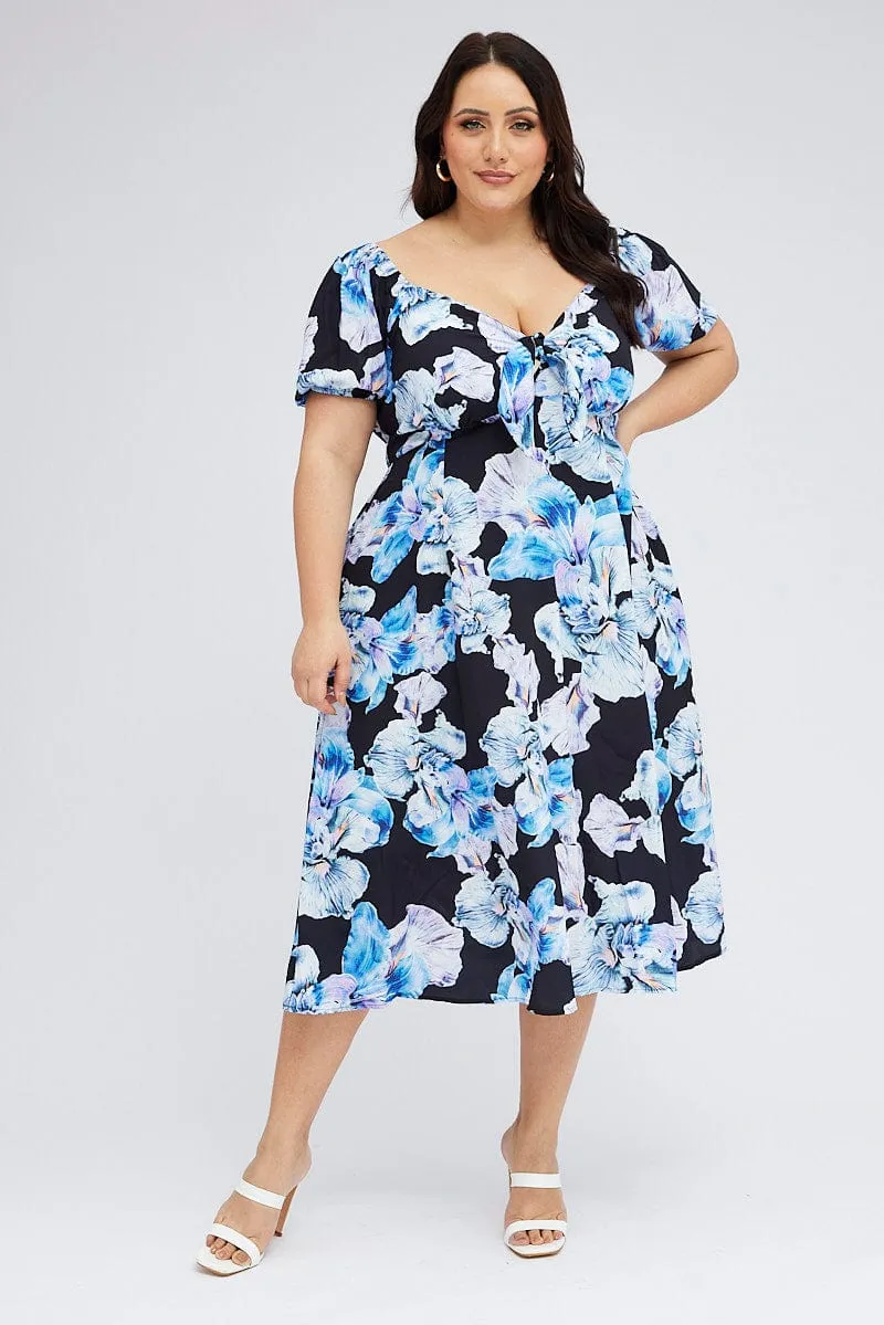 Black Floral Midi Dress Tie Front Puff Sleeve