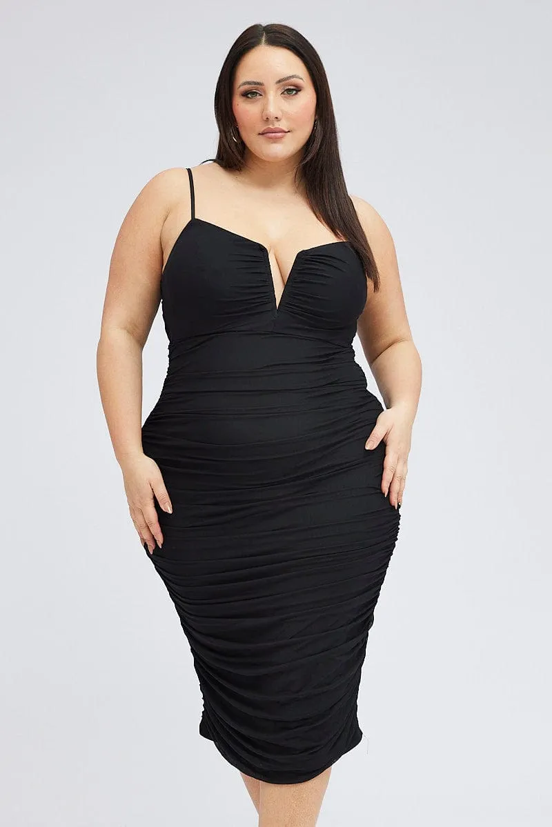 Black Mesh V Ruched Dress