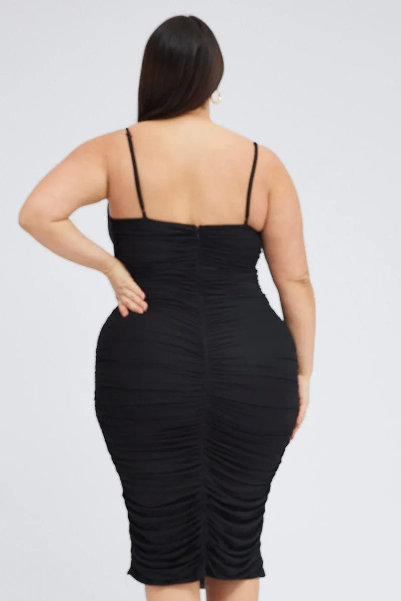 Black Mesh V Ruched Dress