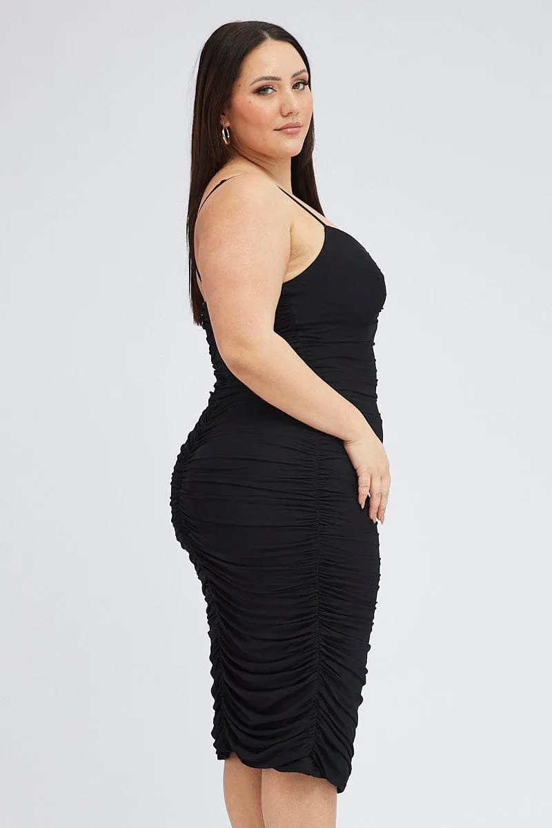 Black Mesh V Ruched Dress