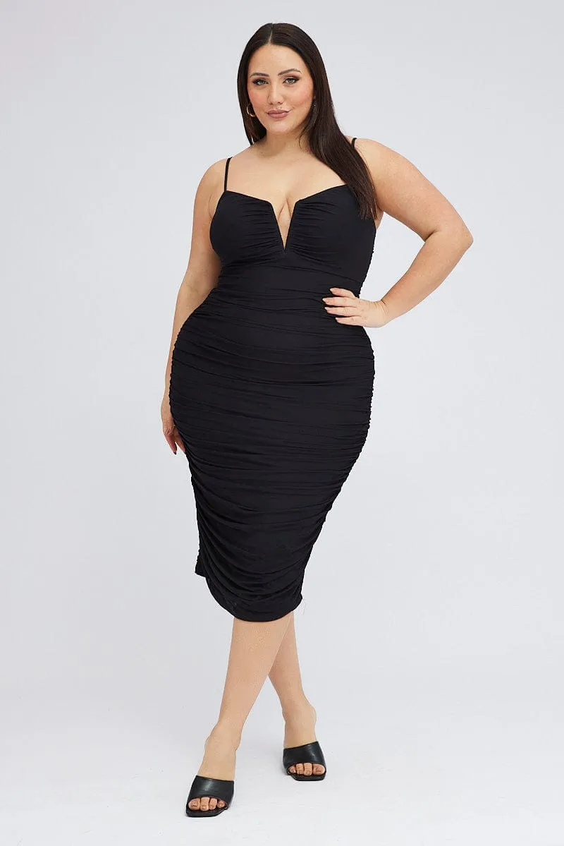 Black Mesh V Ruched Dress