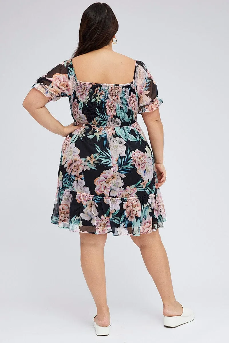 Black Shirred Chiffon Knee Dress