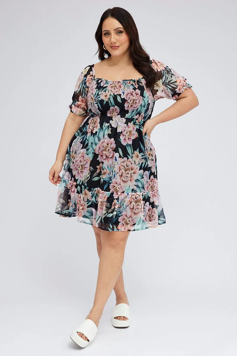 Black Shirred Chiffon Knee Dress