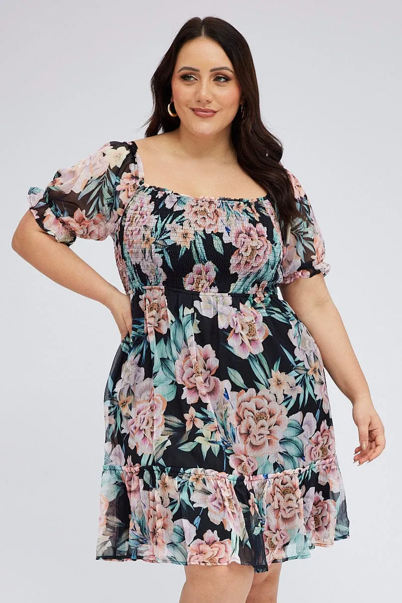 Black Shirred Chiffon Knee Dress