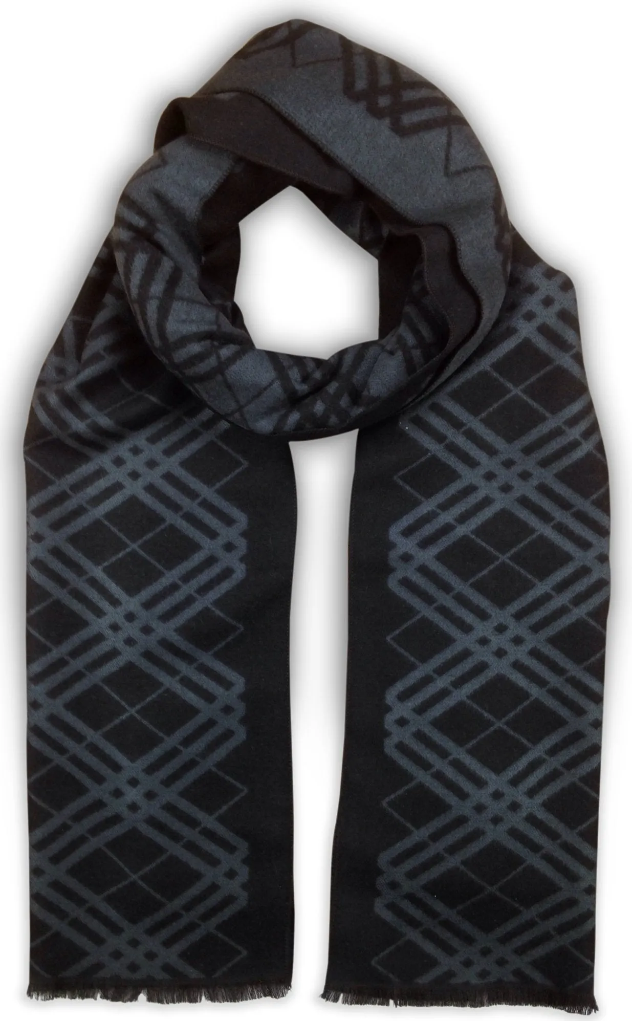 Bleu Nero Luxurious Winter Scarf Premium Cashmere Feel Unique Design Selection Black/Blue-grey Diagonal Plaid   Border